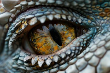 Naklejka premium Extreme close up of a dragon eye, showing golden iris, black pupil, and surrounding scaly skin