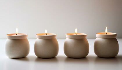 漆喰の白い背景に、四隅に配置された小さなキャンドルが微かな光を放ち、陶器の容器がシンプルで落ち着いた雰囲気を作り出すデザイン。
