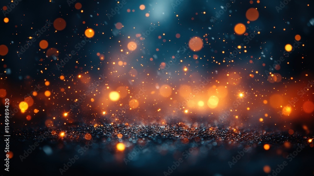 Poster dark abstract background with glowing particles and bokeh lights.