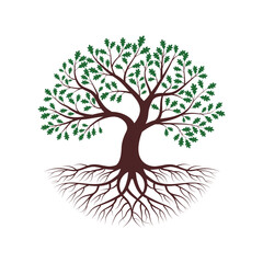 Oak Tree Vector with Roots and Green Leaves, Oak Tree Logo