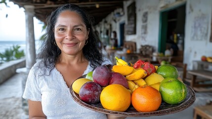 Obraz premium A smiling woman in a white shirt presents a vibrant platter of fresh fruits, exuding warmth and hospitality in a charming, rustic setting by the sea.