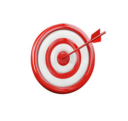 White arrow hit the center of the red target 3d icon cartoon style floating.  The arrow is made of wood on transparency background PNG ,


