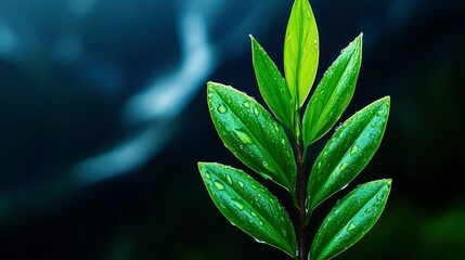 Lush Green Leaves with Dew Drops - Nature's Serenity