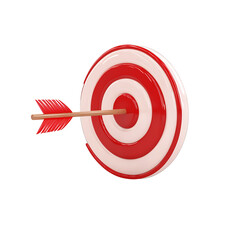White arrow hit the center of the red target 3d icon cartoon style floating.  The arrow is made of wood on transparency background PNG ,


