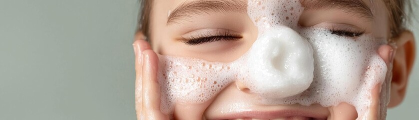 Fototapeta premium Close-up of a smiling young girl using a facial exfoliator in her skincare routine