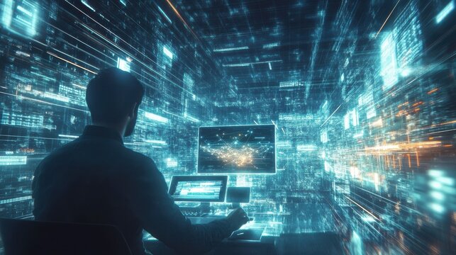 Digital technology, internet network connection, big data, digital marketing IoT internet of things. Man using modern computer surfing internet futuristic innovative technology background