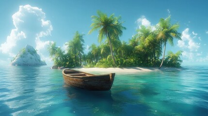 Tranquil tropical island paradise with a weathered wooden boat gently bobbing in the crystal-clear turquoise water under a sunny sky.
