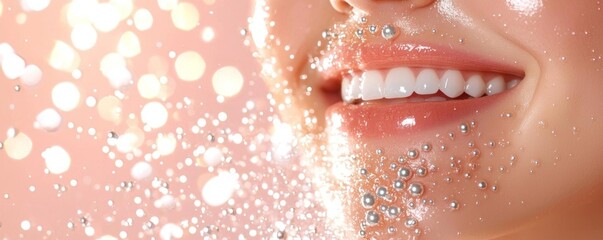 Fototapeta premium Close-up of a young woman smiling while applying a facial mist for hydration