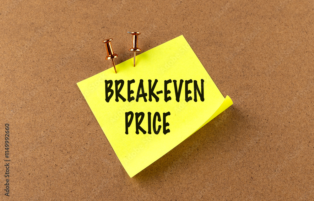 Poster yellow sticky note with the text break-even price pinned to a corkboard background