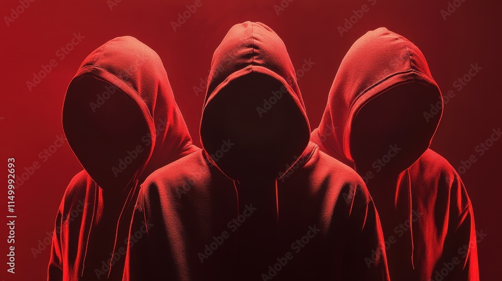 Poster three hackers without face. concept of red hat, hacker group, organization or association.