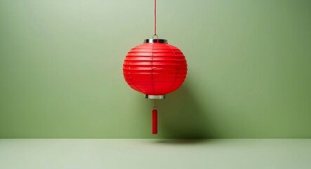 Fototapeta premium Red Chinese Paper Lantern Hanging Against a Calm Green Wall Minimalist Festive Decoration