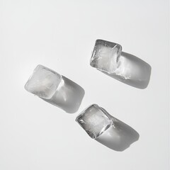 Obraz premium Three clear ice cubes on white background.