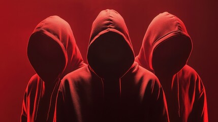 Three hackers without face. Concept of red hat, hacker group, organization or association.