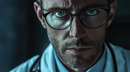 Man with glasses is staring at the camera. The image has a dark and moody atmosphere