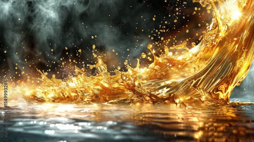 Poster a dynamic splash of golden liquid with shimmering particles against a dark background.