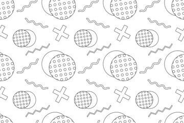 Minimalistic black and white seamless pattern featuring circles, crosses, wavy lines, and geometric elements.