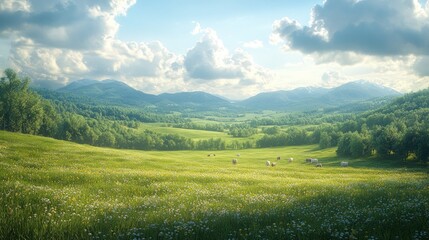 Obraz premium Sunny meadow, cattle grazing, mountainous backdrop.