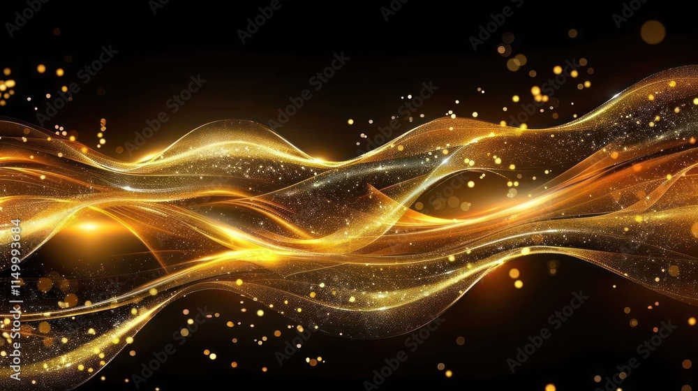 Poster abstract golden waves with sparkling particles on a dark background.