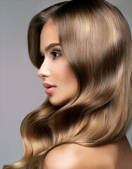 Generated image Beautiful woman in profile with long and shiny wavy hair . Beauty model girl with curly hair.