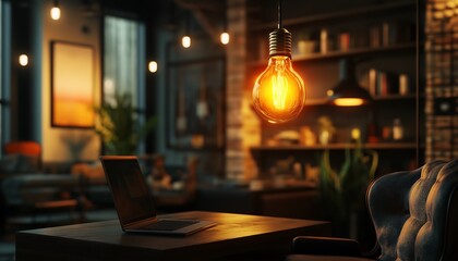 luxury hotel room, Conceptual Image of a Glowing Lightbulb Hovering Above a Desk Symbolizing Innovation, Creativity, and Bright Ideas for Business, Inspiration, and Problem Solving