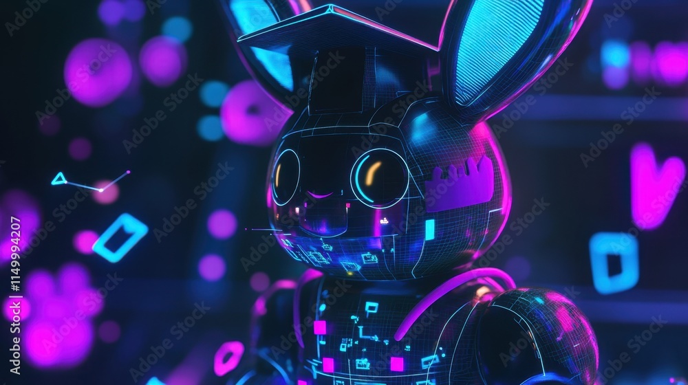 Poster a charming futuristic rabbit robot with a graduation cap, surrounded by digital elements and glowing