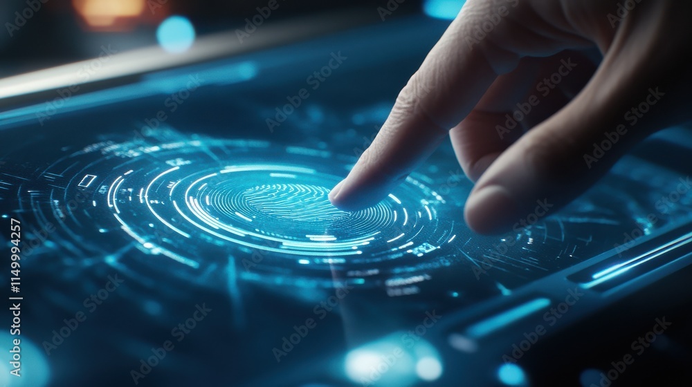 Poster closeup digital finger biometric sensor verifying user granting access to system. modern futuristic 