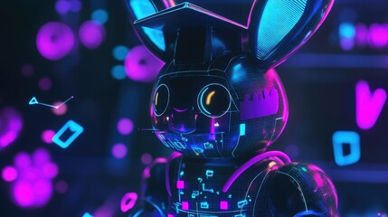 A charming futuristic rabbit robot with a graduation cap, surrounded by digital elements and glowing light, celebrating academic success.