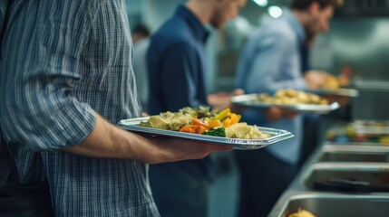 Close-up of men in line with food trays in work cafeteria