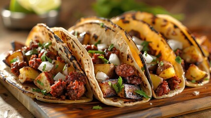 Delicious tacos filled with chorizo, potatoes, and garnished with onions and cilantro.