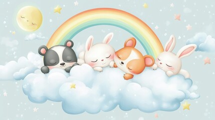 Cute sleeping animals. Cartoon sleep characters on moon and rainbow. Baby panda, rabbit on cloud and fox. Funny newborn shower party nowaday vector stickers