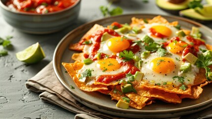 A plate of huevos rancheros with eggs, tortilla chips, salsa, and garnishes.