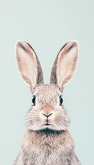Obraz premium A close-up of a rabbit's face with large ears against a light blue background.