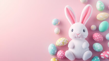 Obraz premium A charming pastel bunny with a variety of bright Easter eggs arranged around it, all placed on a smooth, uniform color background.