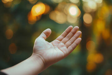 Obraz premium Outstretched Hand Reaching Towards Soft Golden Light in Green Nature Background