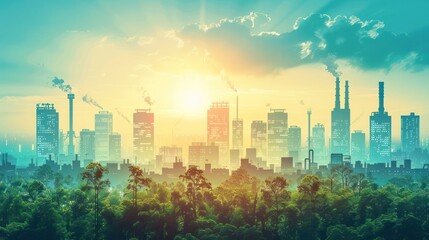 A city skyline with factories emitting smoke, surrounded by lush greenery at sunrise.