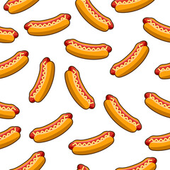 Hot dog seamless pattern on white background. Hot dog motif cartoon with mustard and ketchup. Kitchen , backdrop, food wrapper