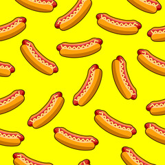 Hot dog seamless pattern. Yellow background. Hot dog motif cartoon with mustard and ketchup for backdrop, food wrapper