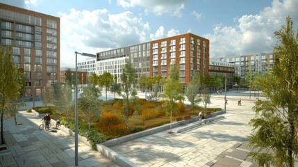 Modern urban development featuring residential buildings and landscaped green spaces.