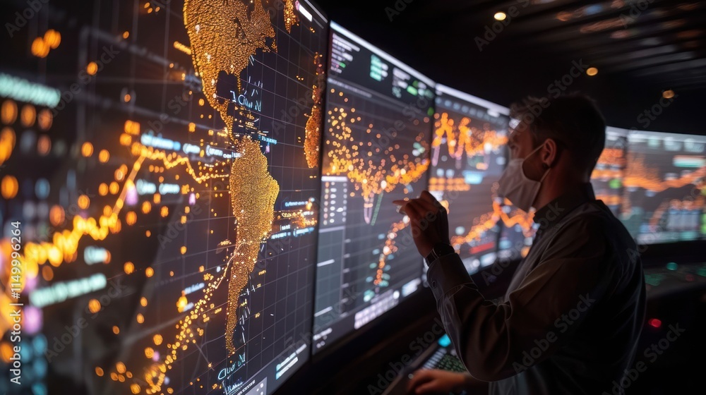 Poster a person analyzes data on large screens in a high-tech control room.
