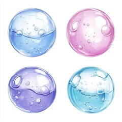 Four transparent spheres filled with pastel-colored liquids and bubbles.