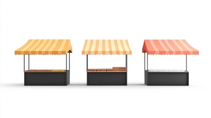 Open air stalls. Market stand mockup, isolated realistic empty vendors. Sunshade, 3d tents or roof for grocery counter. Street fair kiosk illustration