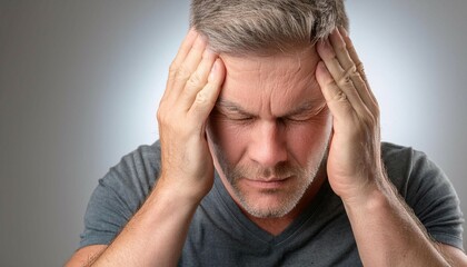 Fototapeta premium Person holding their head in discomfort, symbolizing illness, pain, and medical concern.