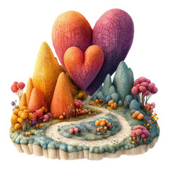 A whimsical landscape featuring colorful hearts and vibrant mountains, with a winding path surrounded by various whimsical flora.