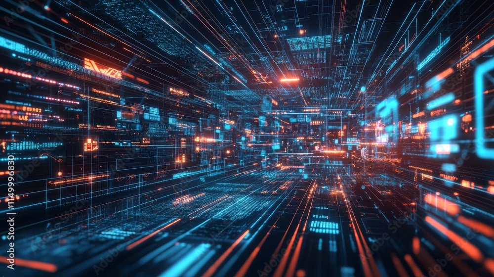 Poster a digital, cyber network visualized through a maze of glowing, interconnected data streams in a futu