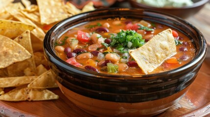 A bowl of hearty chili with toppings, served alongside crispy tortilla chips.