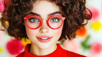Obraz premium Young Woman with Red Curly Hair and Red Round Glasses