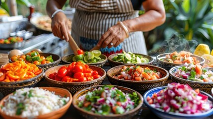 Obraz premium A vibrant display of fresh ingredients being prepared for cooking.