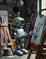 cute vintage robot painting picture in artistic studio, funny robotic cyborg artist drawing artwork on canvas, artificial intelligence concept, Dreamy, with white tones