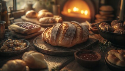 nuts, Freshly Baked Bread and Pastries on a Rustic Wooden Table with Soft Natural Light and Ultra-Sharp Details Perfect for Food Photography, Baking Blogs, and Culinary Inspiration
