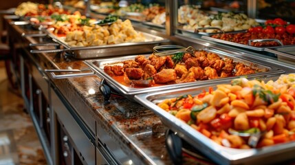 Fototapeta premium A buffet display featuring various dishes in metal trays on a countertop.